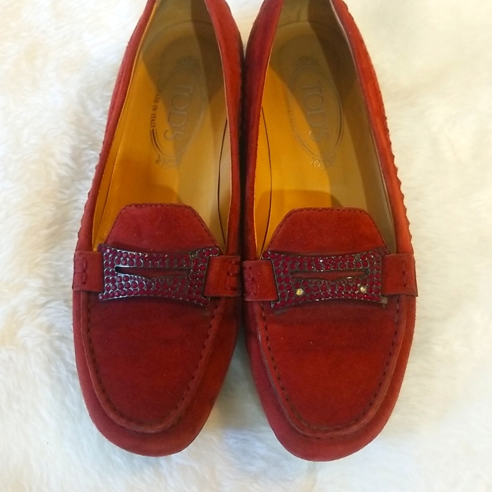 TODS  flat women slip on red maroon loafers suede leather  made in italy